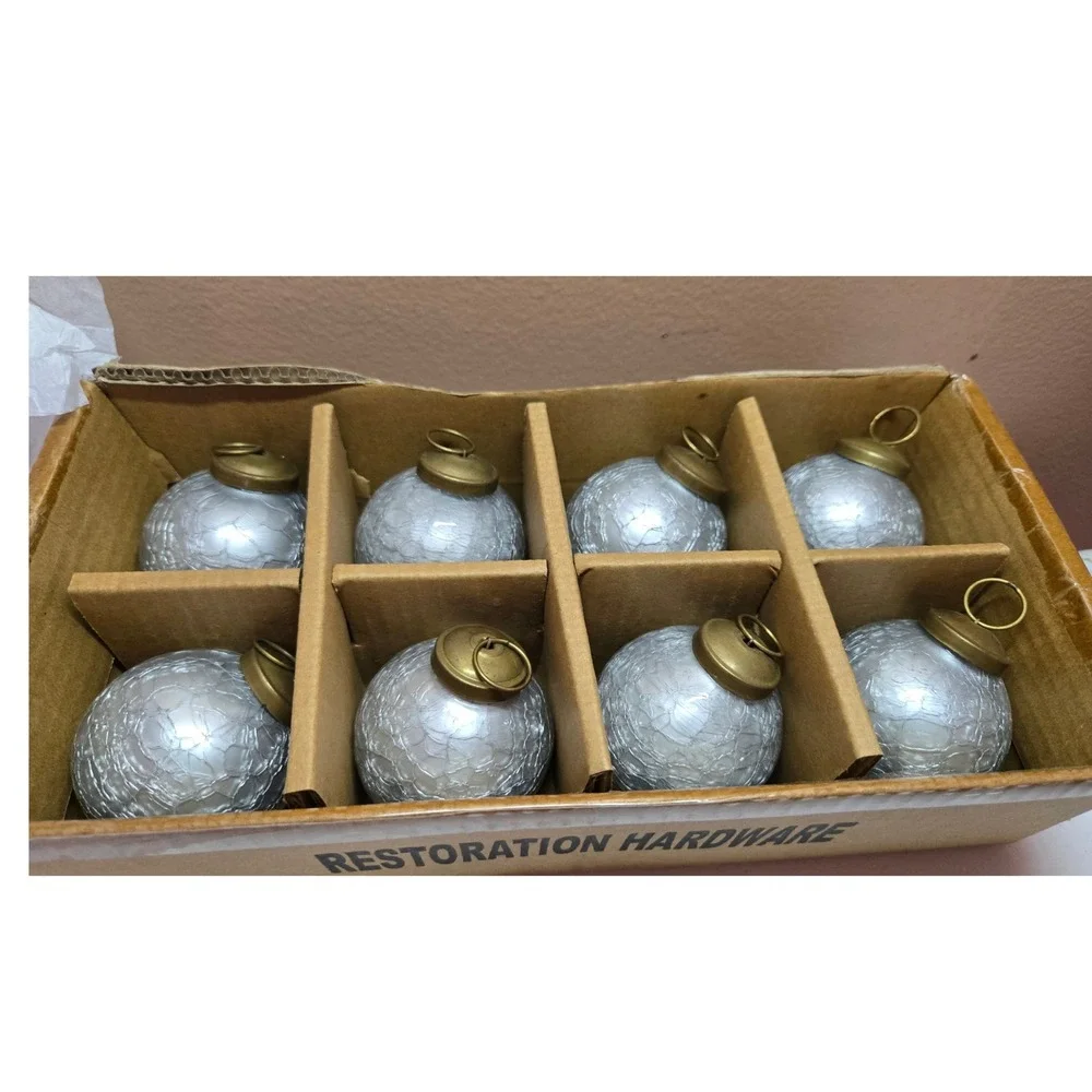 Restoration Hardware Silver Crackle Glass Christmas Ornaments Set of 8 Brass Cap
